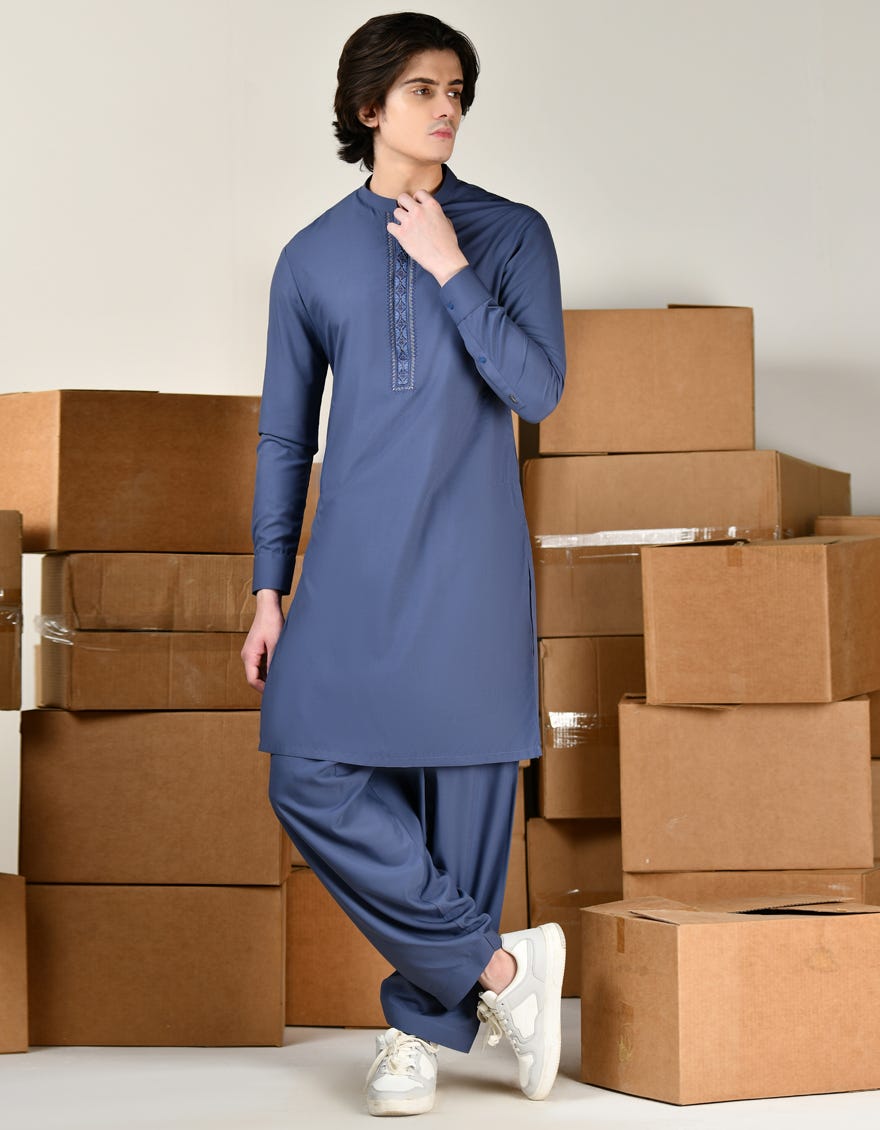 Dull Blue Polyester Teen Boy's Kameez Shalwar | Jtks-A-34790-S24-Jj9534-Sf