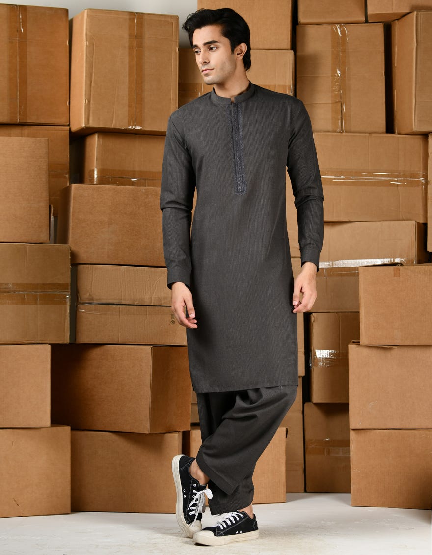 Dark Grey Blended Teen Boy's Kameez Shalwar | Jtks-A-34793