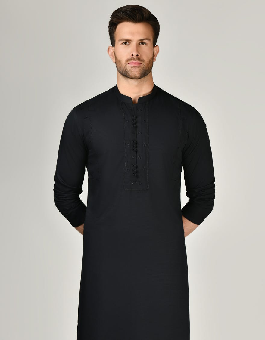 Black Blended Men's Kameez Shalwar | Jjks-A-34795