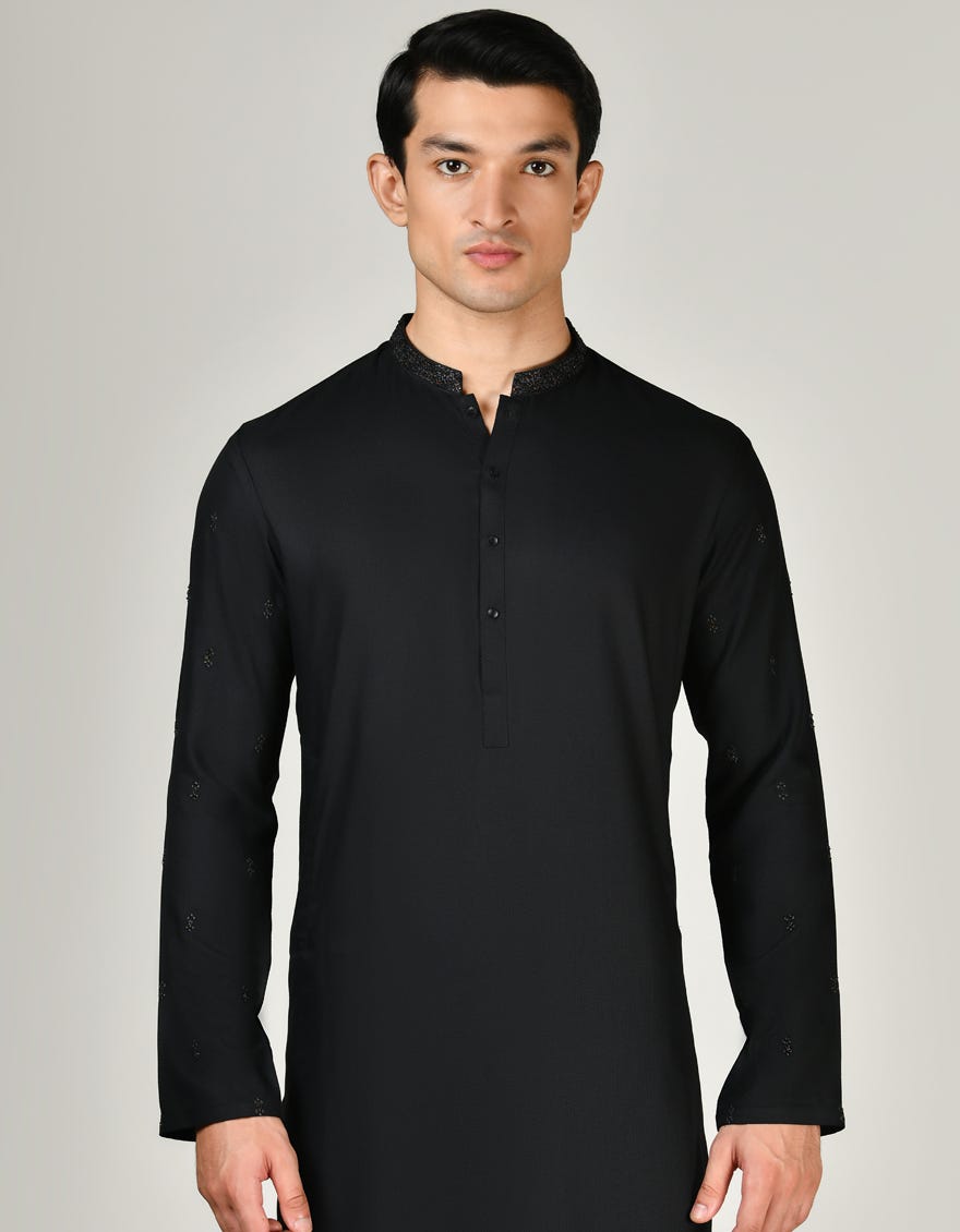 Black Blended Men's Kameez Shalwar | Jjks-A-34797