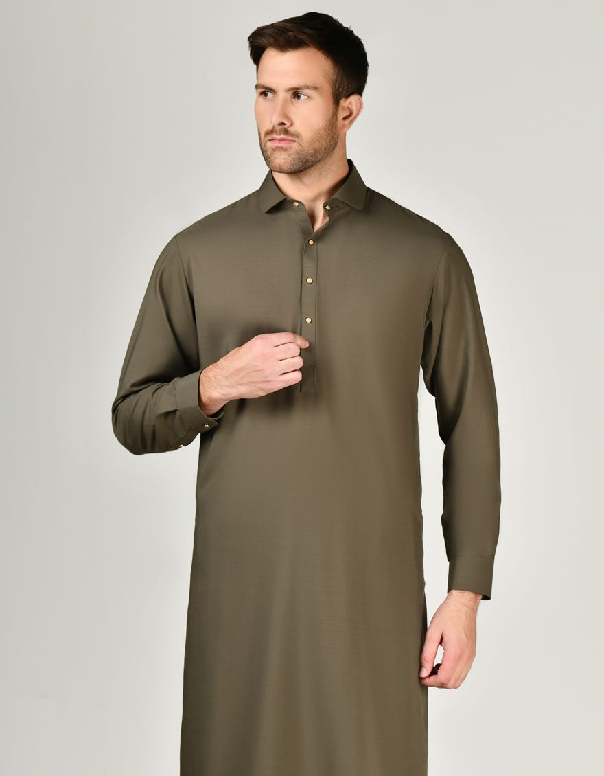 Green Blended Men's Kameez Shalwar | Jjks-A-34799