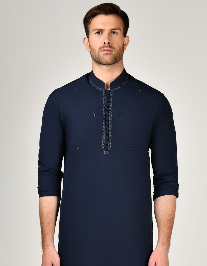 Navy Blue Blended Men's Kameez Shalwar | Jjks-A-34801
