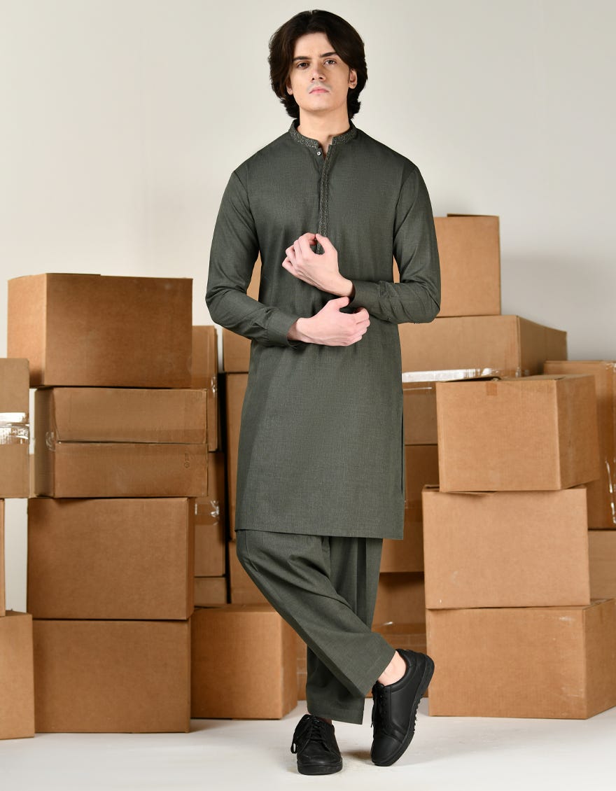 Green Blended Teen Boy's Kameez Shalwar | Jtks-A-34806