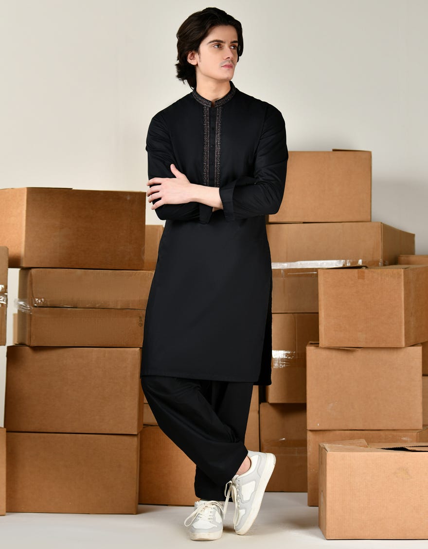 Black Cotton Teen Boy's Kameez Shalwar | Jtks-S-34807