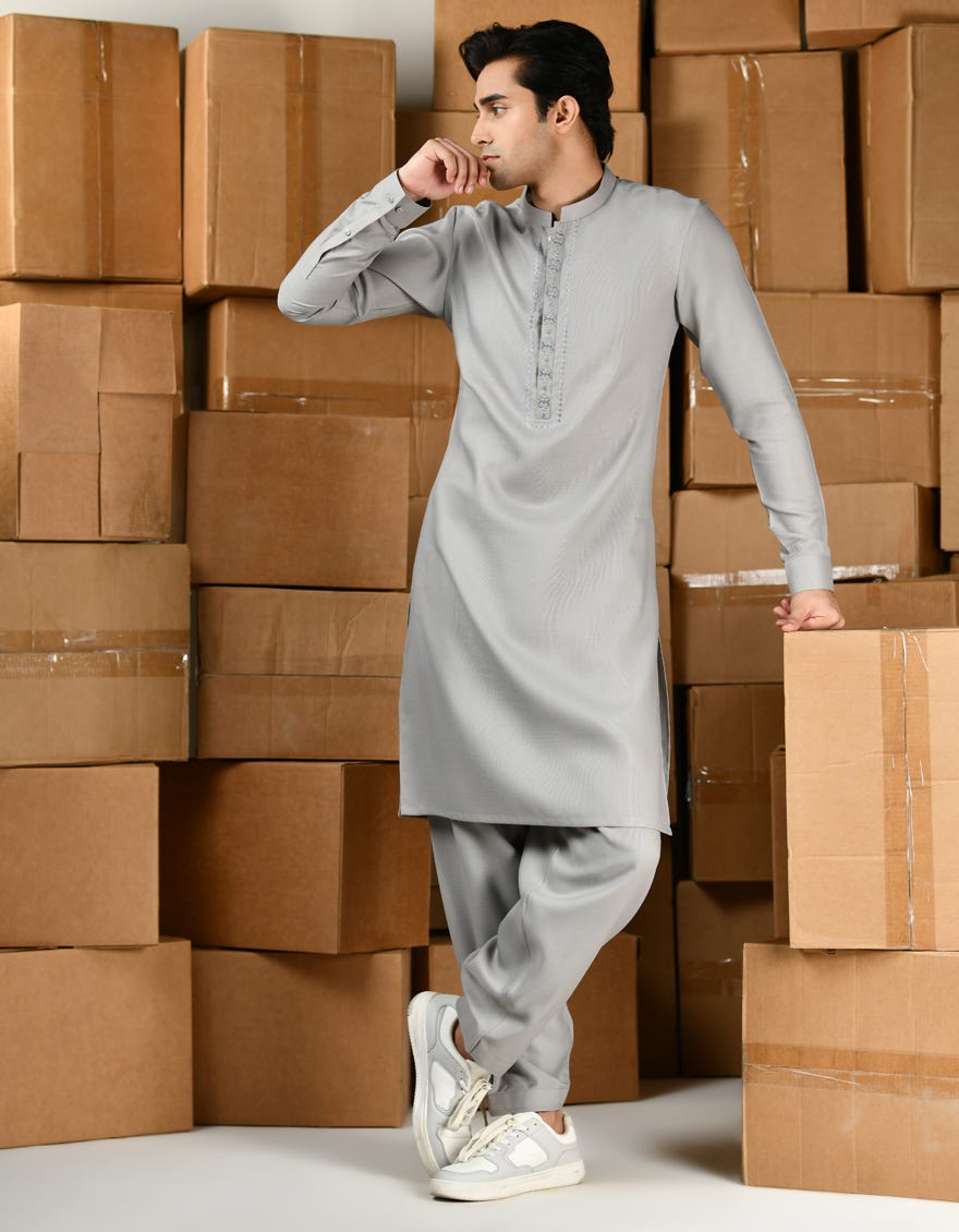 SMOKE GREY BLENDED KAMEEZ SHALWAR | JTKS-A-34816