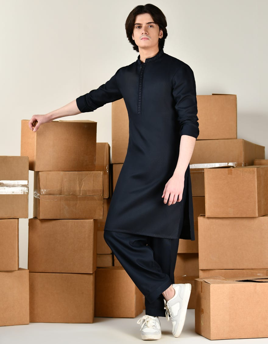 NAVY BLUE BLENDED KAMEEZ SHALWAR | JTKS-A-34817
