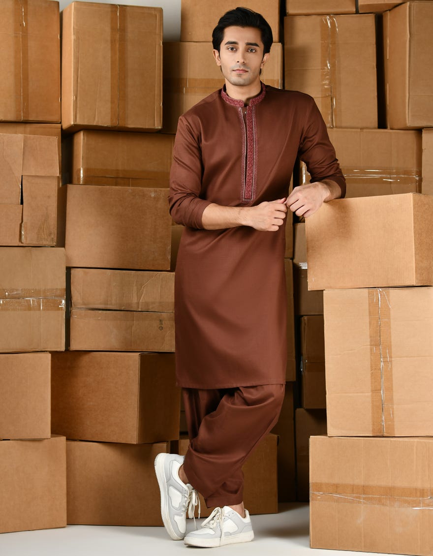 BROWN COTTON KAMEEZ SHALWAR | JTKS-A-34818