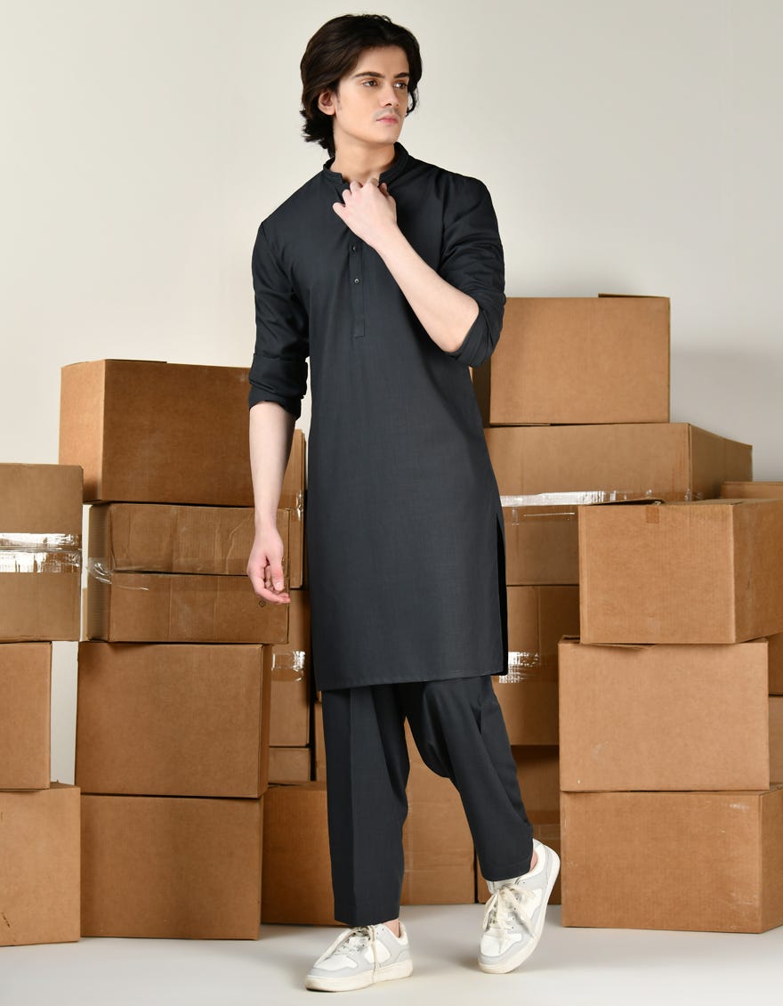 CHARCOAL GREY BLENDED KAMEEZ SHALWAR | JTKS-A-34820