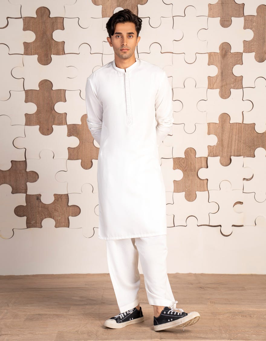 WHITE BLENDED KAMEEZ SHALWAR | JTKS-A-34848