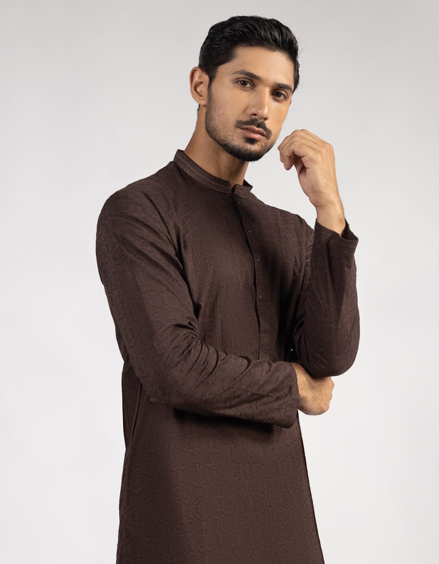 BROWN COTTON SEMI-FORMAL KURTA TROUSERS