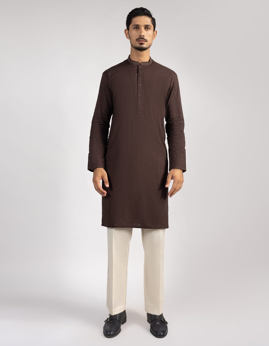 BROWN COTTON SEMI-FORMAL KURTA TROUSERS