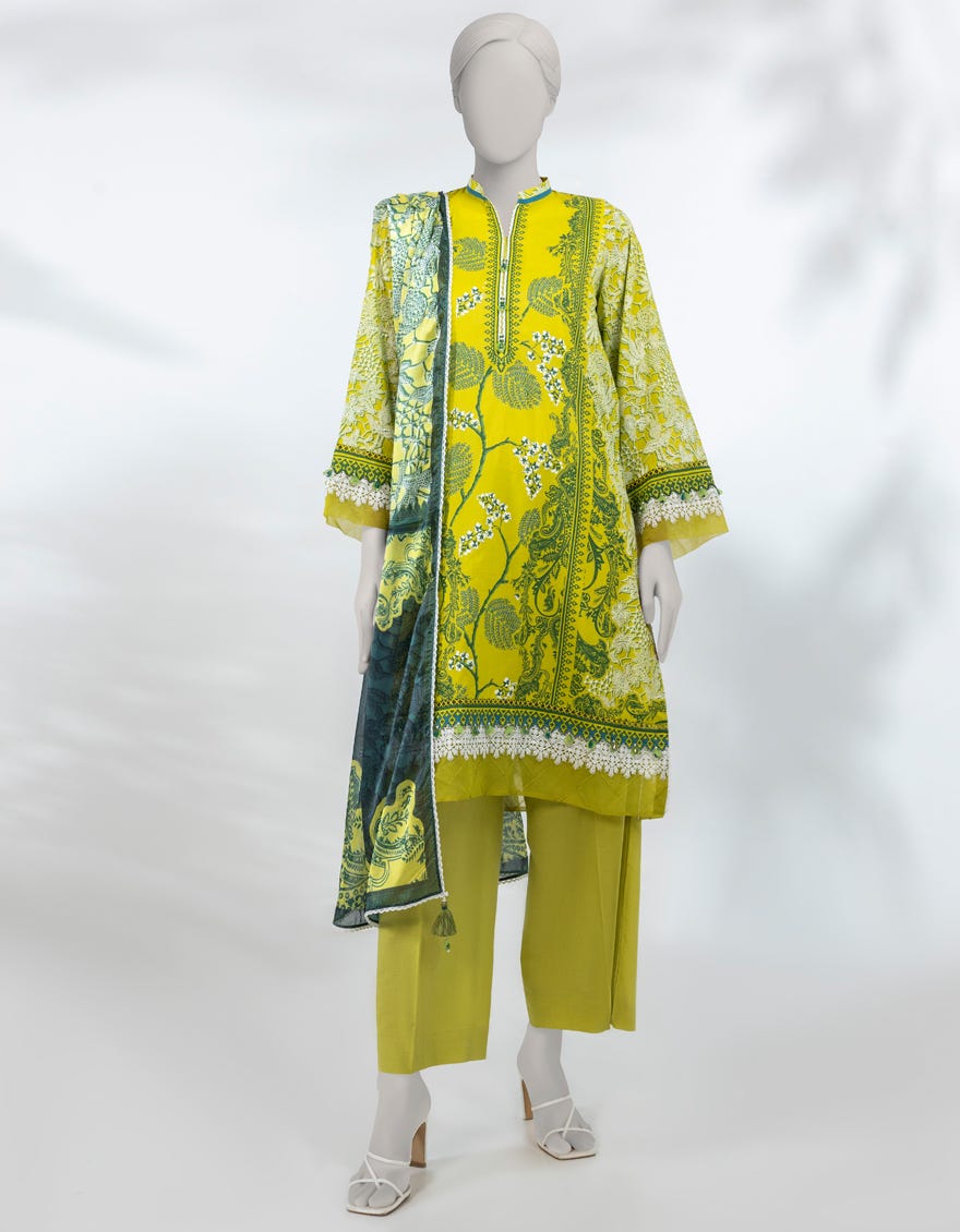 YELLOW LAWN PASTE PRINTED UNSTITCHED 3PC