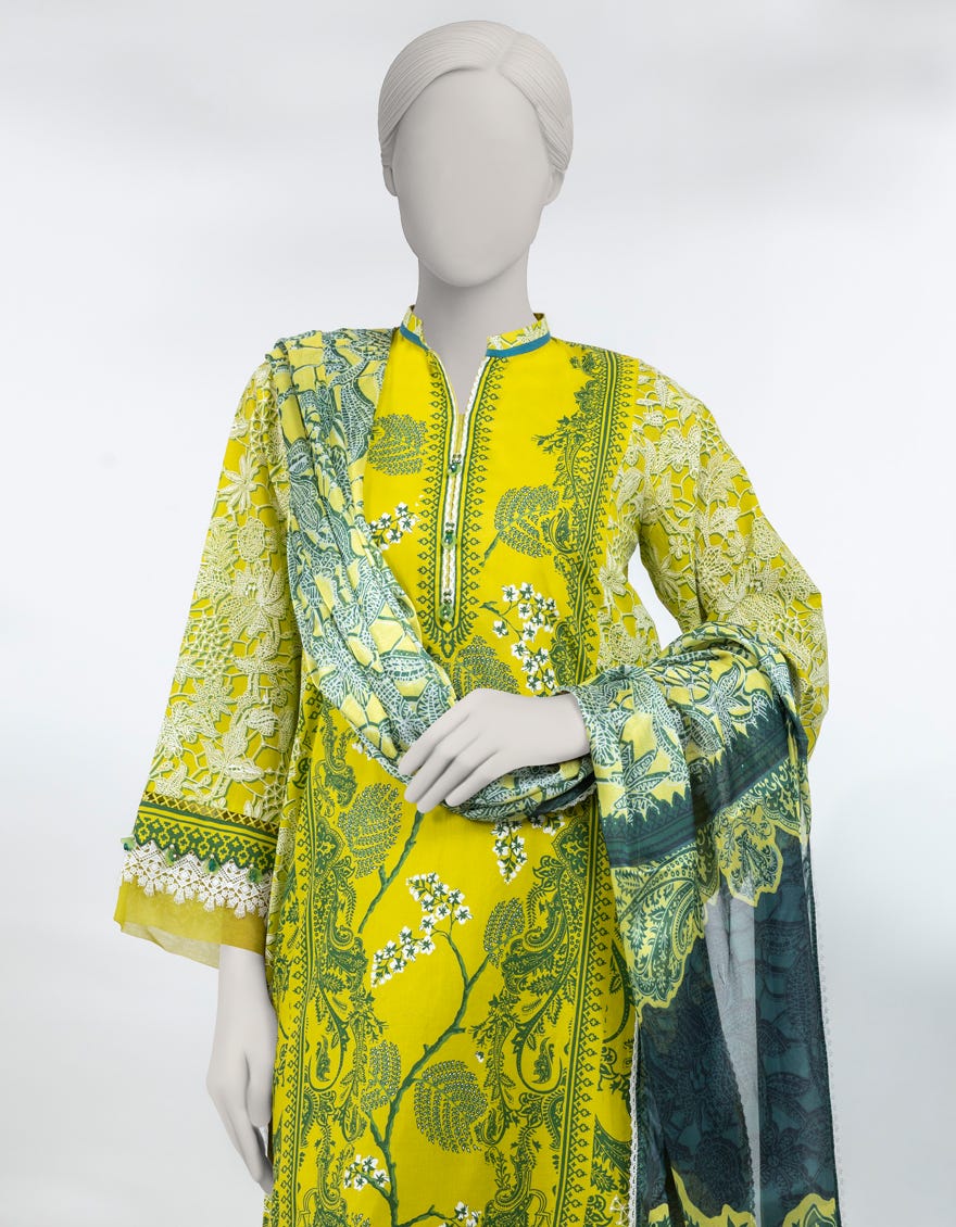 YELLOW LAWN PASTE PRINTED UNSTITCHED 3PC