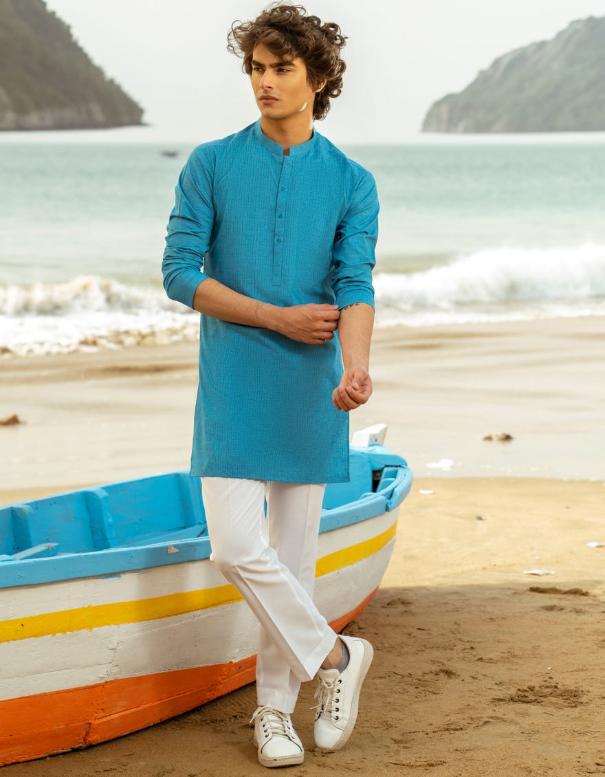 TURQUOISE BLUE BLENDED KURTA | JTK-A-34978