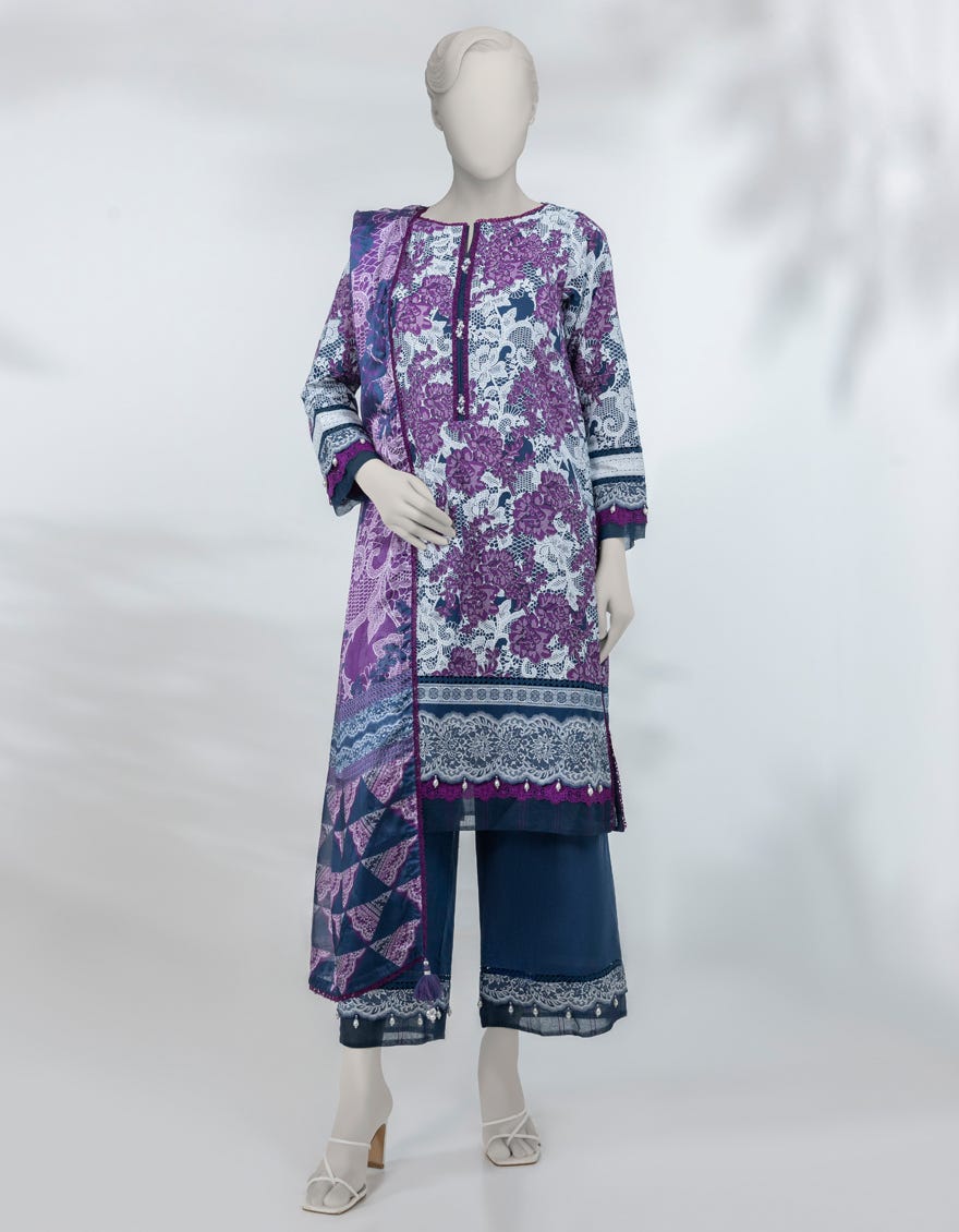 BLUE LAWN PASTE PRINTED UNSTITCHED 3PC