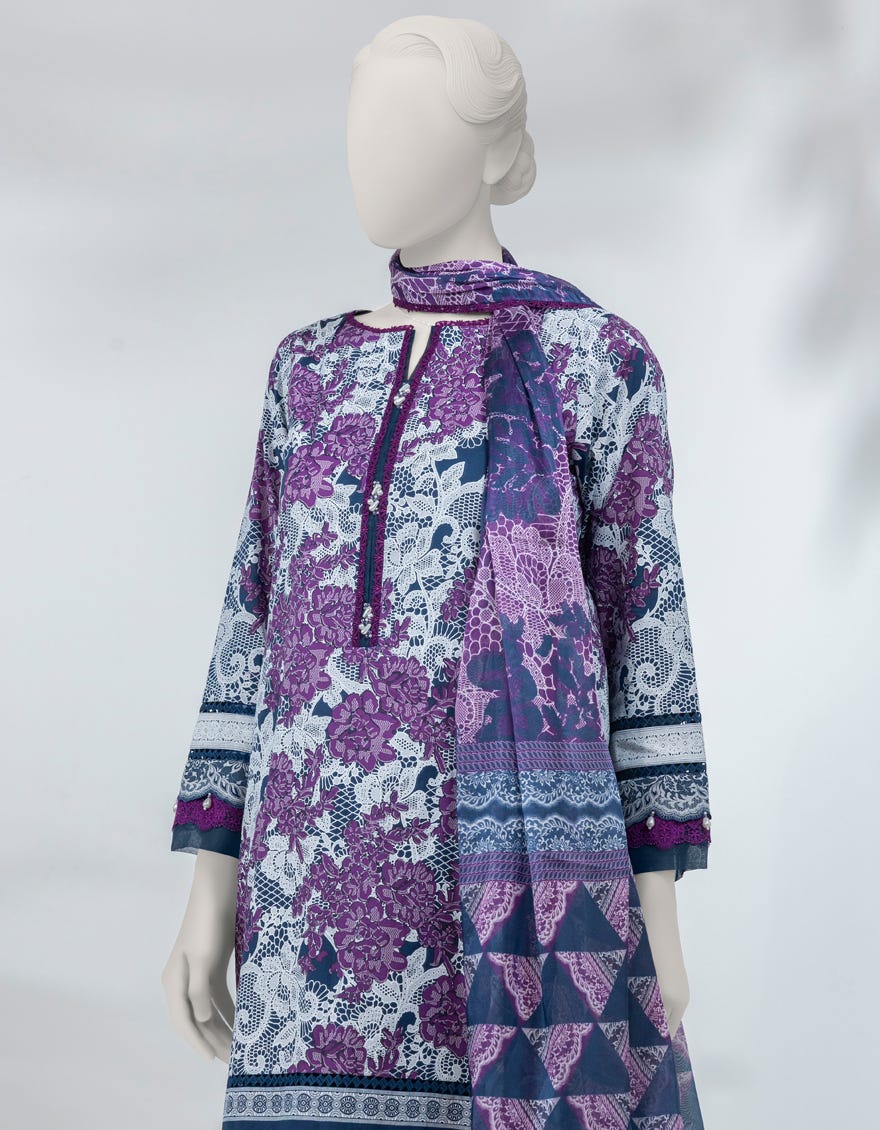 BLUE LAWN PASTE PRINTED UNSTITCHED 3PC