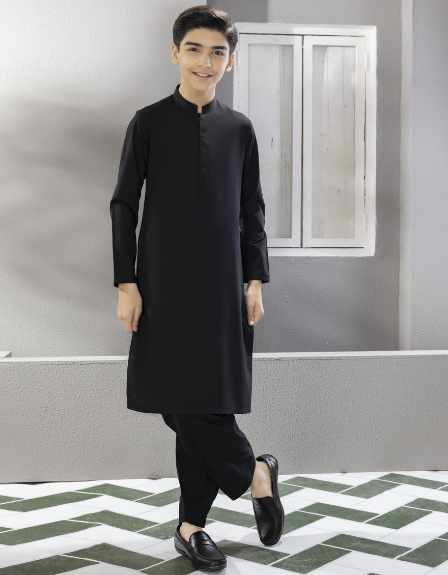 Black Blended Kid's Kameez Shalwar | Jcks-S-35834-R7-Ap