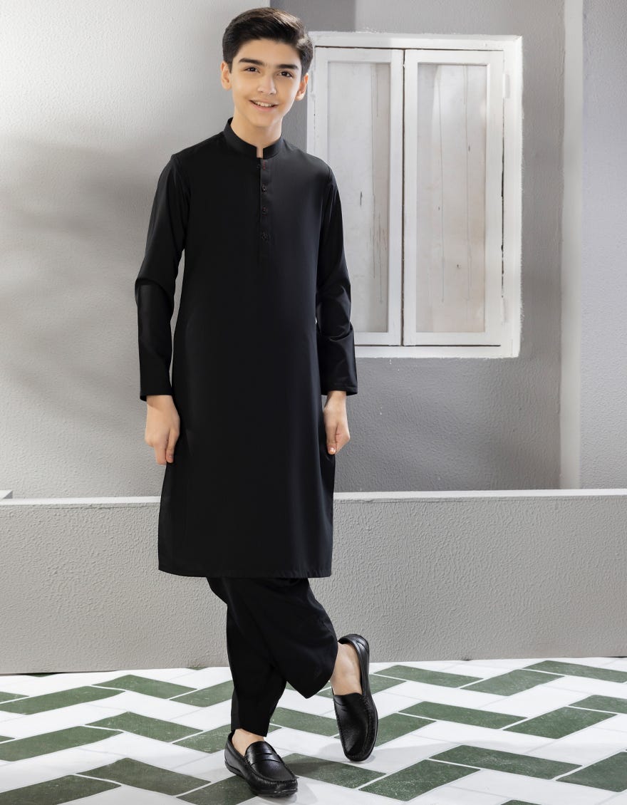 Black Blended Kid's Kameez Shalwar | Jcks-A-35834-R6