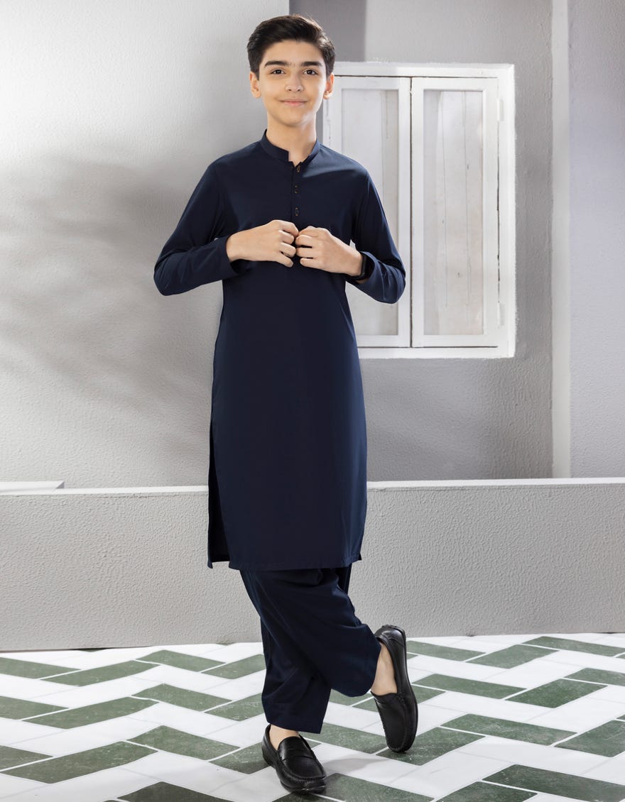 Navy Blue Blended Kid's Kameez Shalwar | Jcks-S-35835-R6