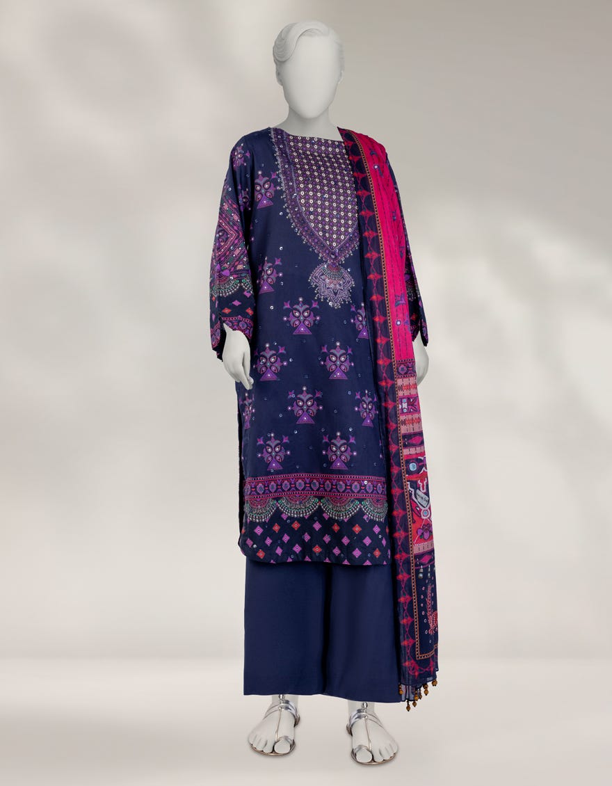 BLUE CAMBRIC EMBROIDERED UNSTITCHED 3PC
