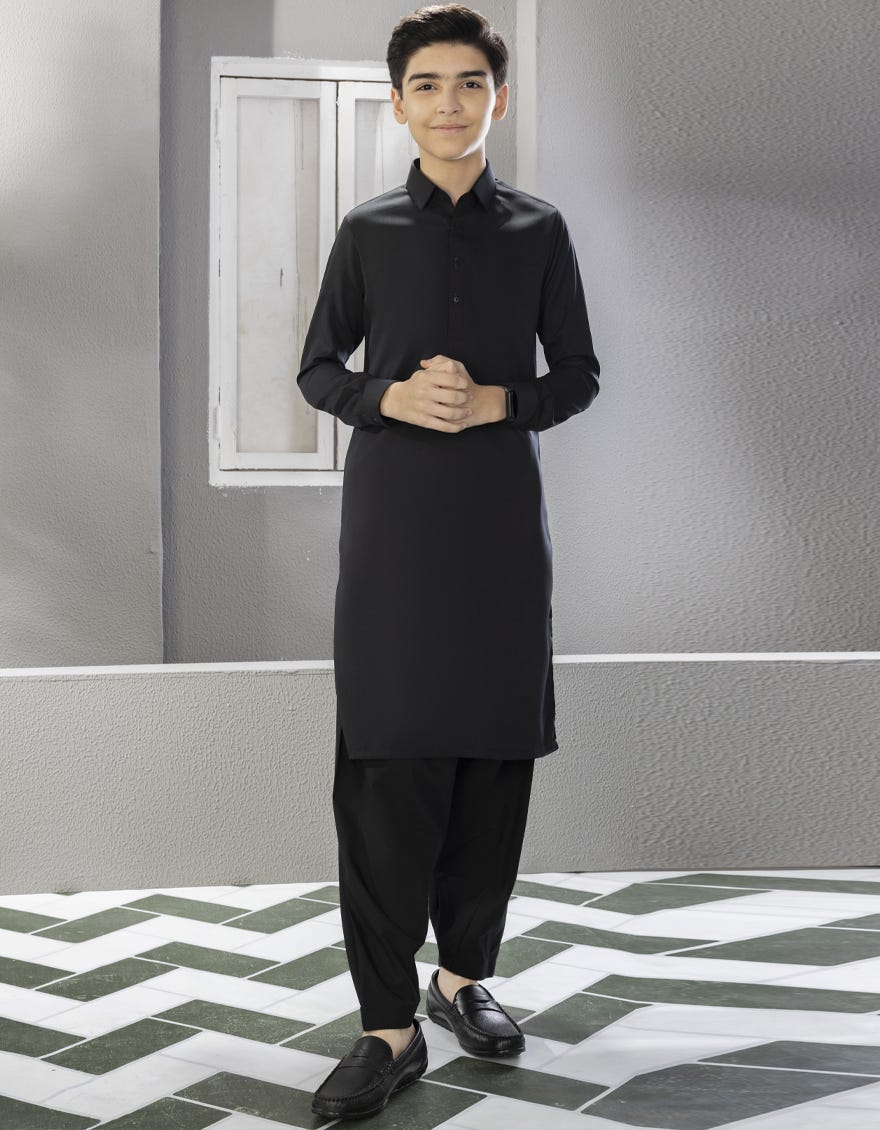 Black Blended Kid's Kameez Shalwar | Jcks-S-35842-R7-Ap