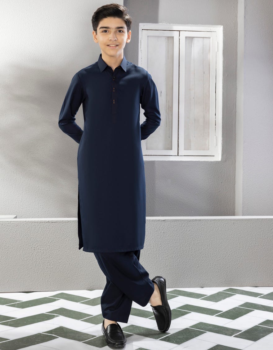 Navy Blue Blended Blue Kid's Kameez Shalwar | Jcks-S-35843-R7-Ap