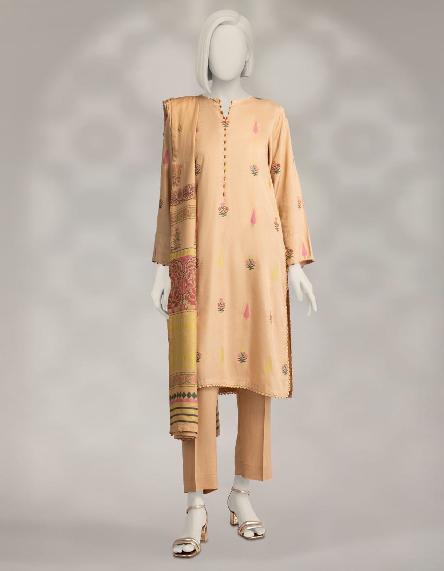 BEIGE LINEN JACQUARD UNSTITCHED 3PC