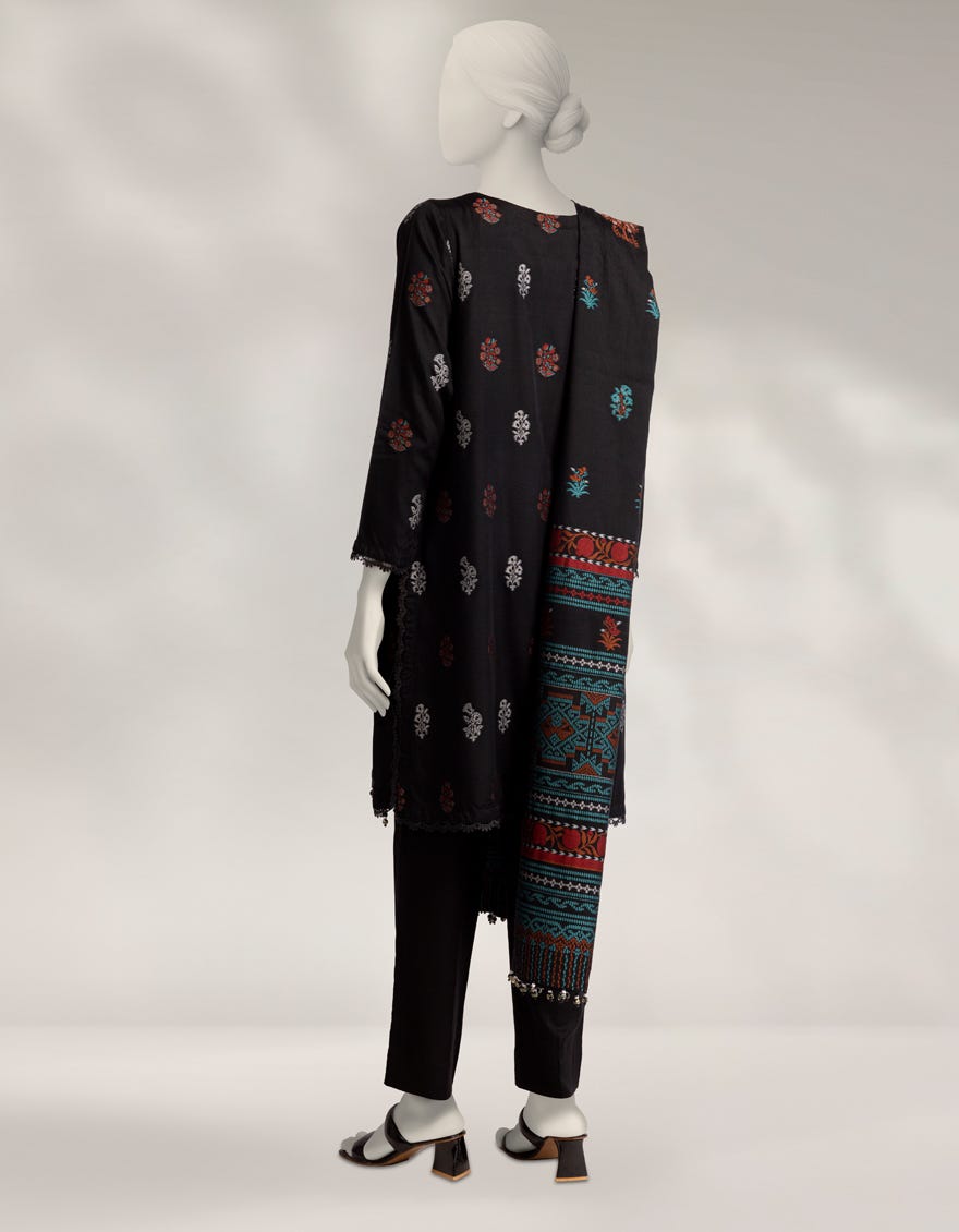 BLACK LINEN JACQUARD UNSTITCHED 3PC