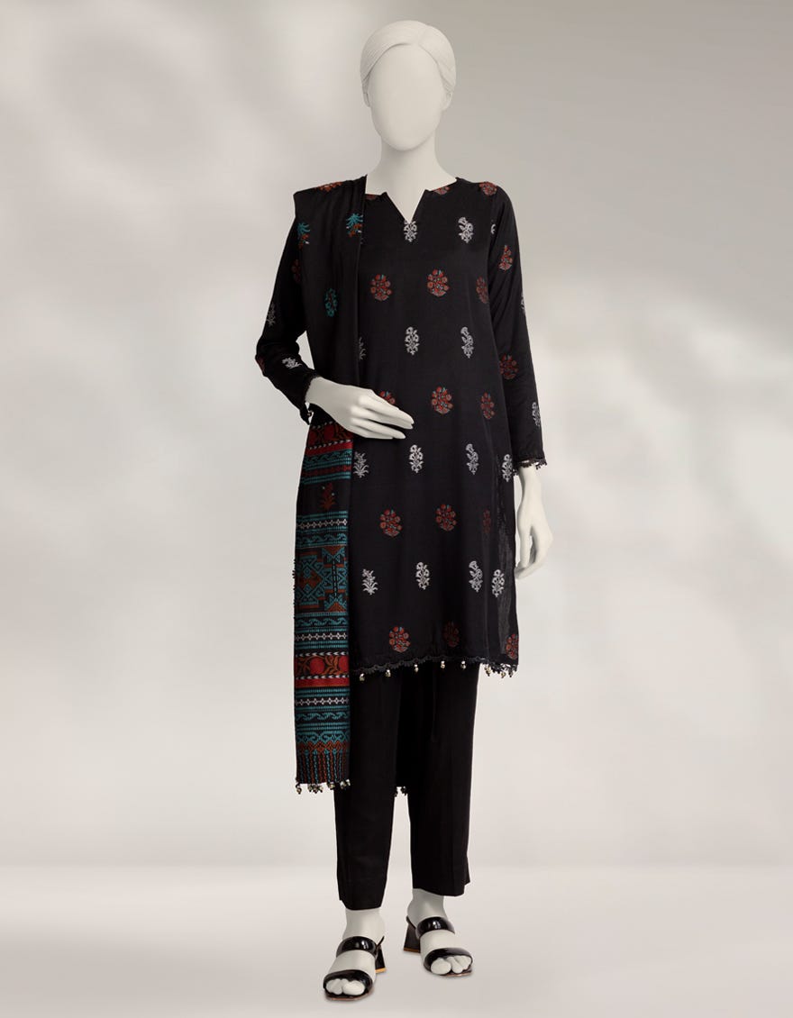 BLACK LINEN JACQUARD UNSTITCHED 3PC