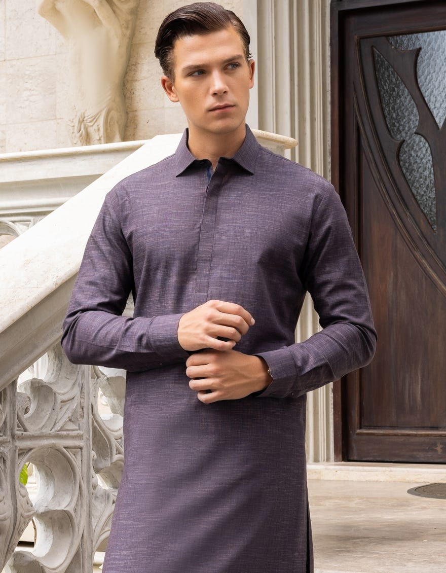 Hatched Blue Cotton Men's Kameez Shalwar | Jjks-A-36961