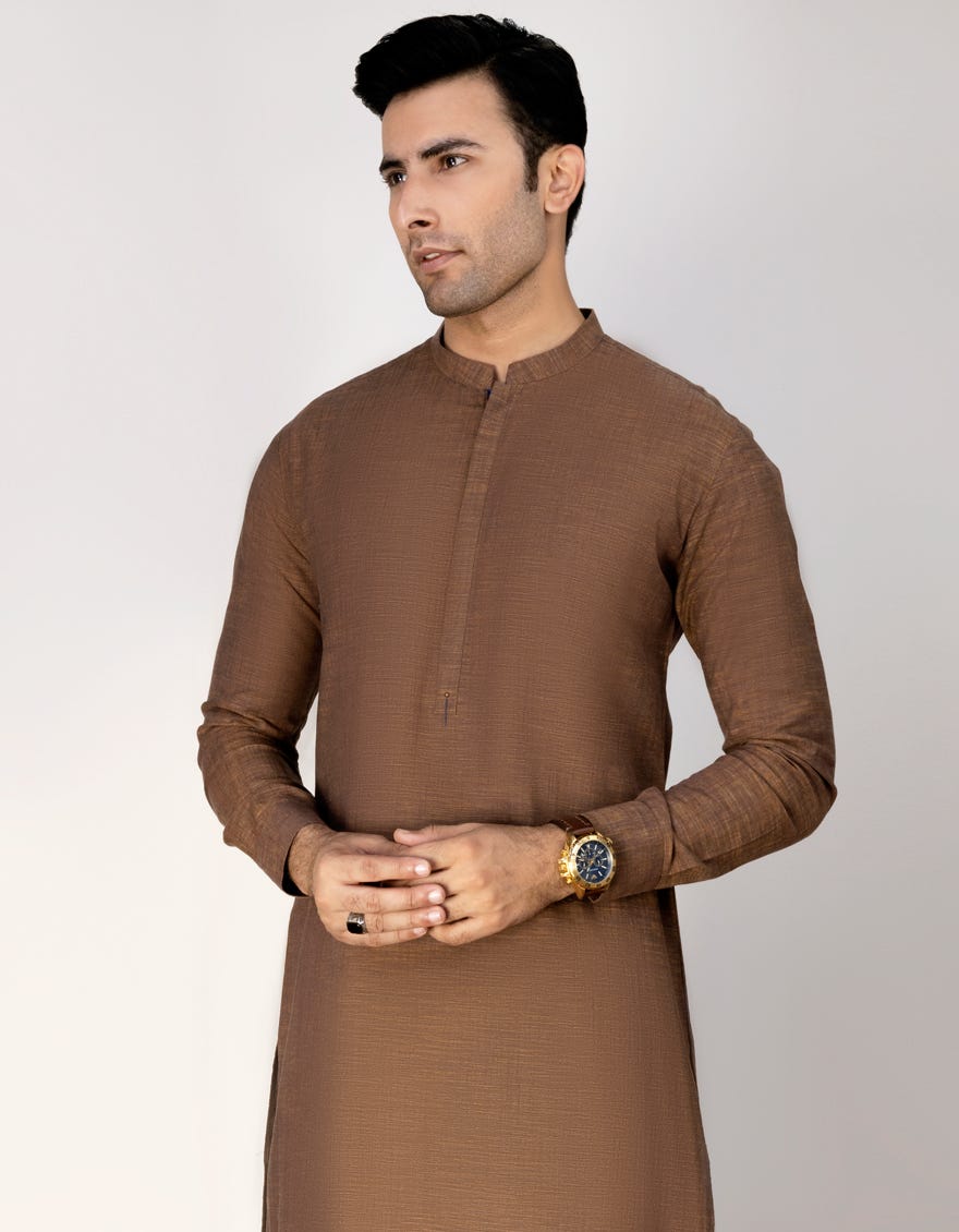 Hatched Rust Cotton Men's Kameez Shalwar | Jjks-A-36963