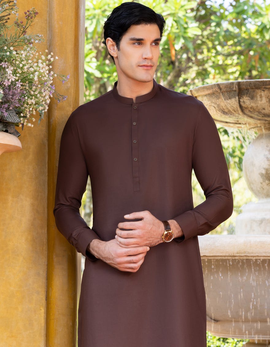 Chocolate Brown Blended Men's Kameez Shalwar | Jjks-S-36971