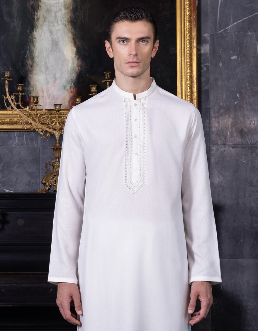 Dull White Blended Men's Kameez Shalwar | Jjks-S-36974