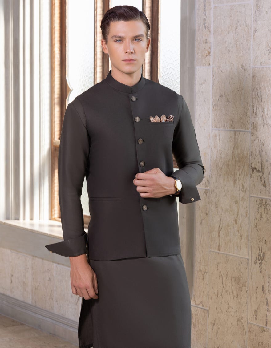 Army Green Blended Kameez Shalwar+Waistcoat | Jjksvc-A-36988