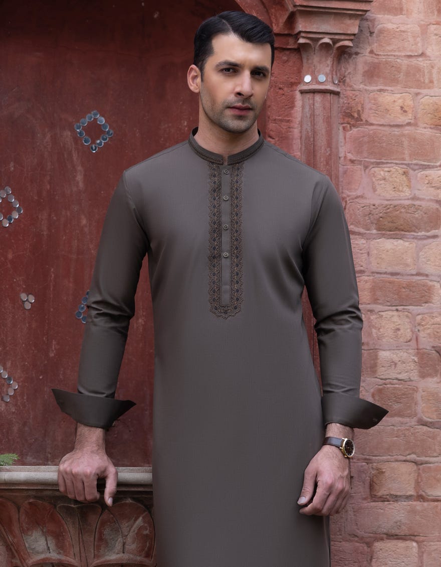 Olive Blended Men's Kameez Shalwar | Jjks-S-37746