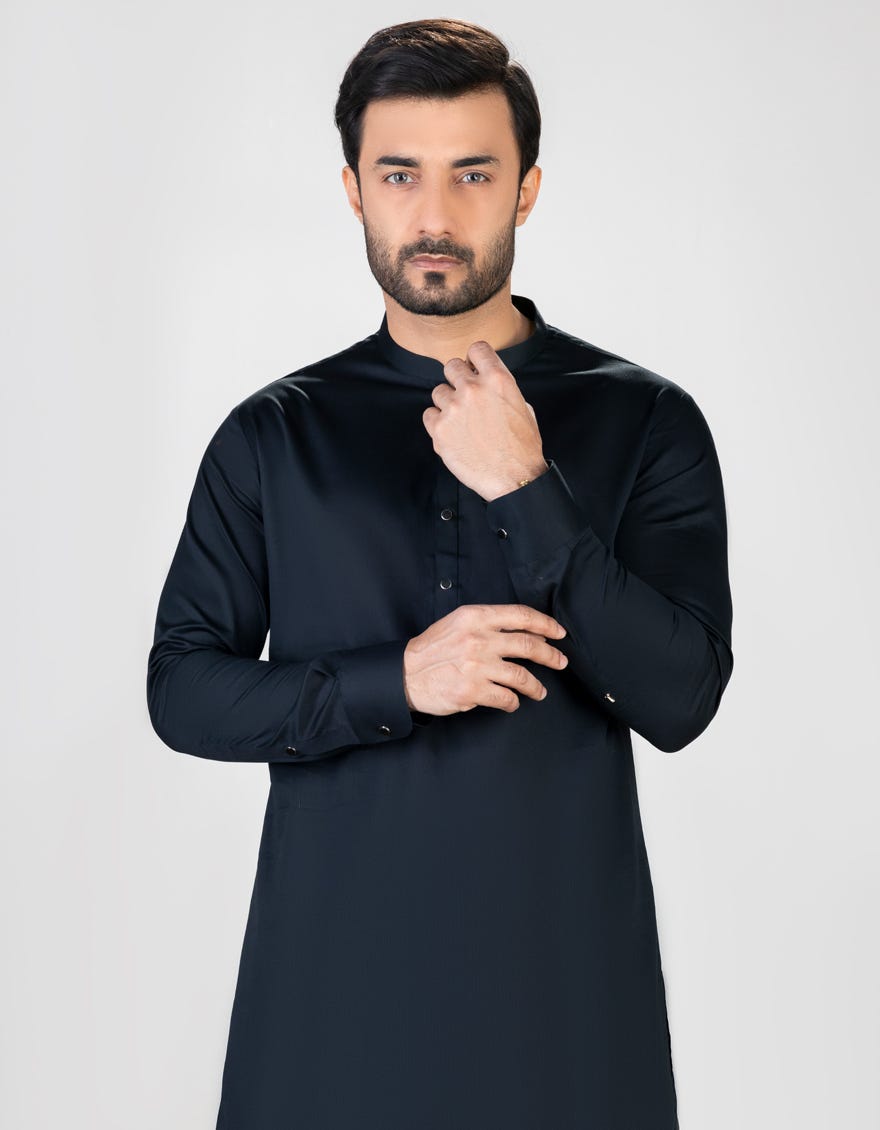 Black Cotton Men's Kameez Shalwar | Jjks-S-37000