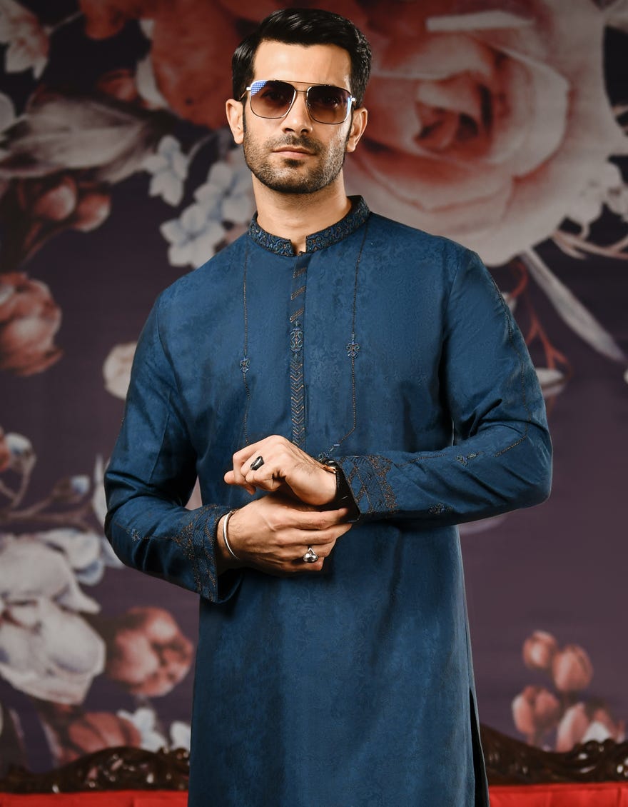 Peacock Blue Jamawar Special Men's Kurta | Jjk-Sp-37588