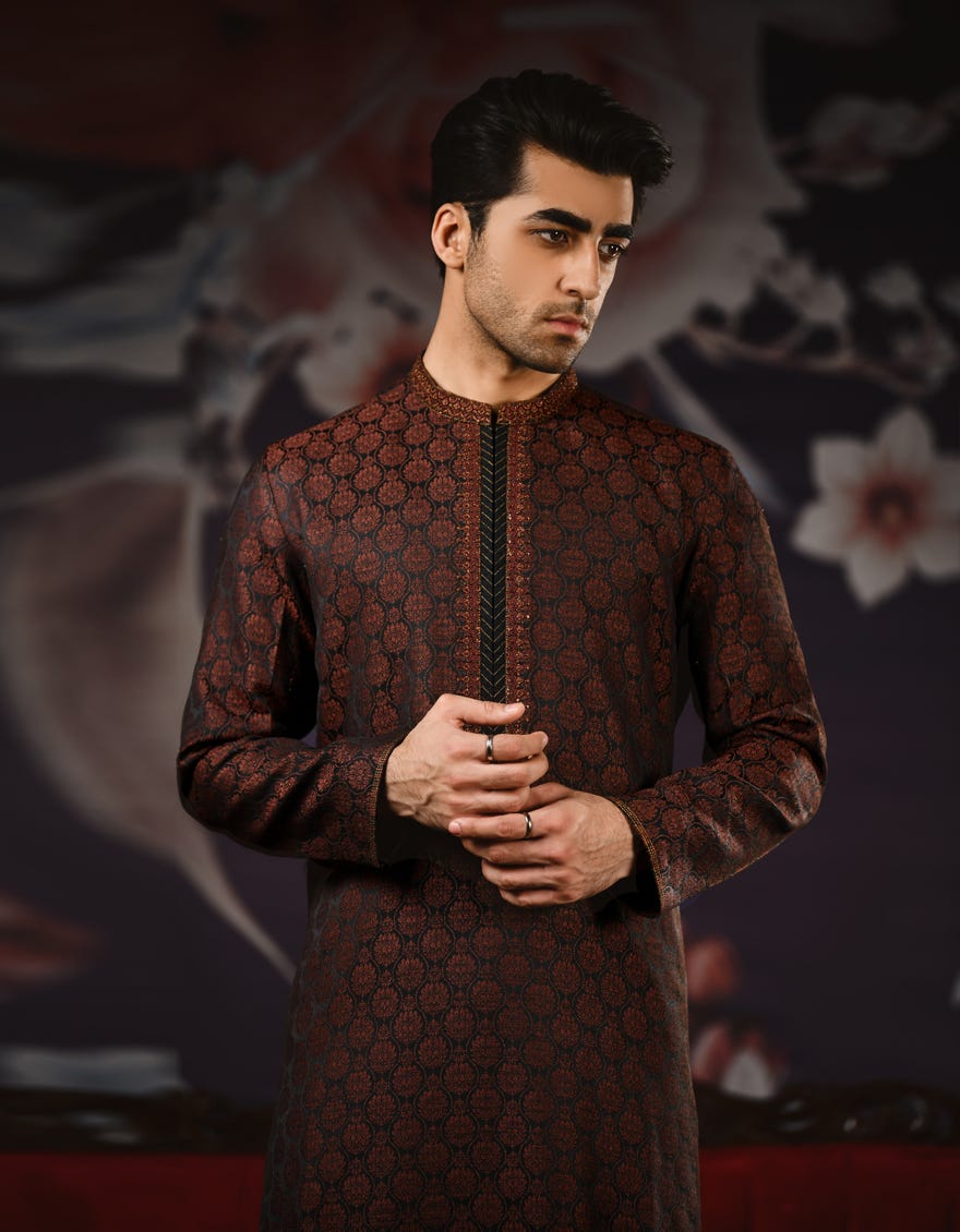 Black-Rust Jamawar Special Men's Kurta | Jjk-Sp-37610
