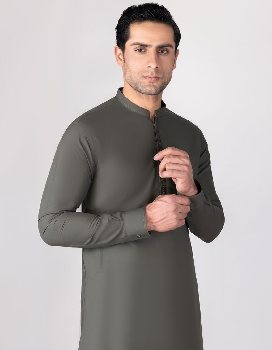 Army Green Blended Men's Kameez Shalwar | Jjks-S-37680