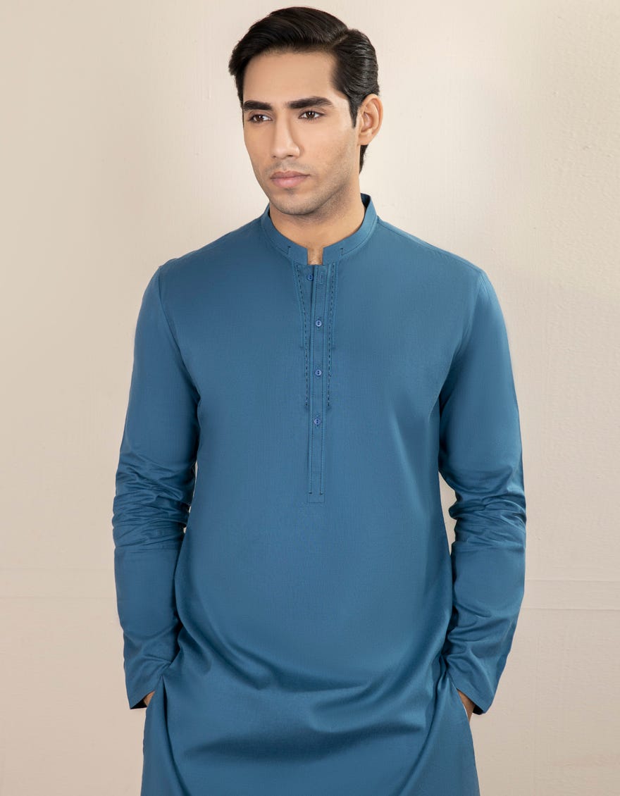 Teal Blue Cotton Men's Kurta | Jjk-A-37688