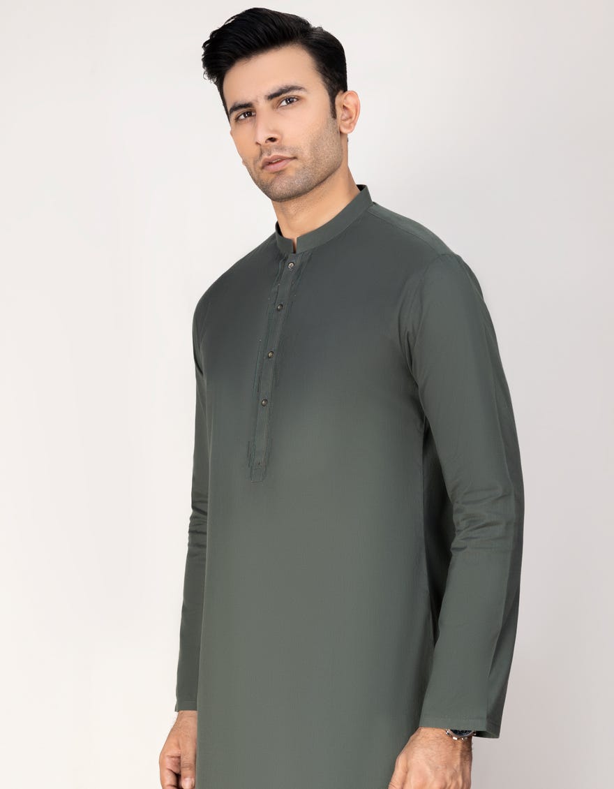 Army Green Cotton Men's Kurta | Jjk-A-37690