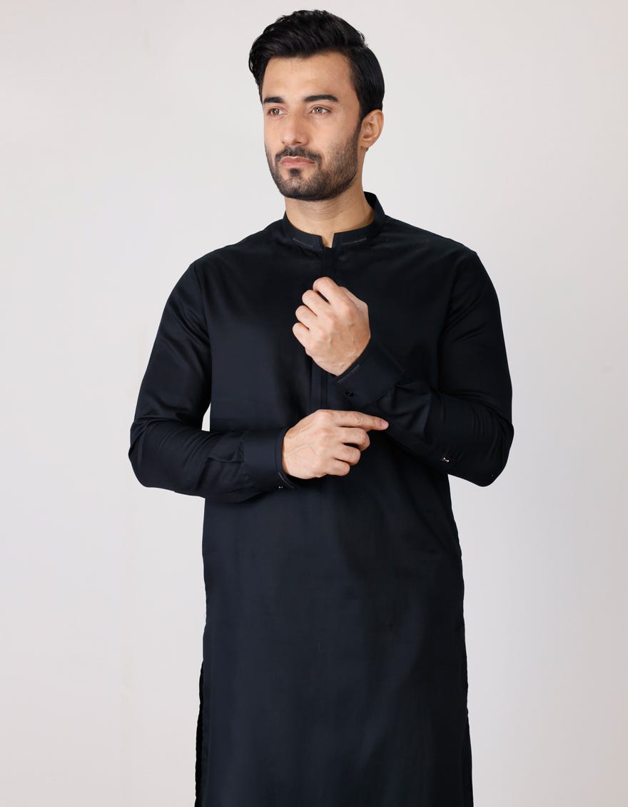 Black Cotton Men's Kameez Shalwar | Jjks-S-37700