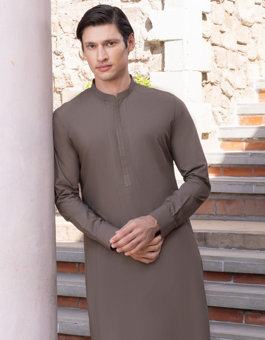 Olive Green Blended Men's Kameez Shalwar | Jjks-S-37703