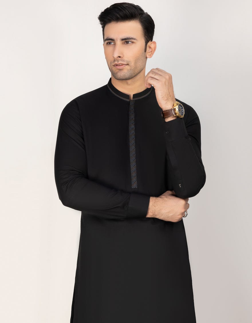 Black Cotton Men's Kameez Shalwar | Jjks-S-37708