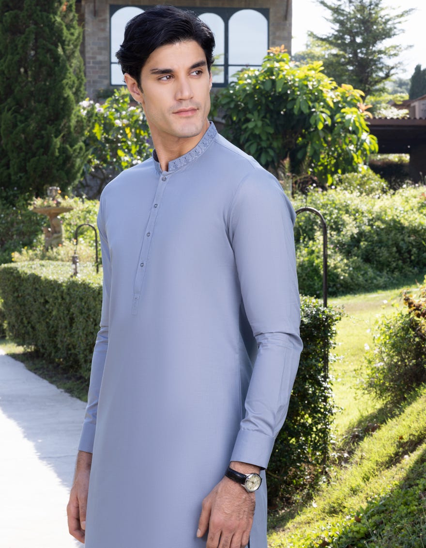 Bluish Grey Cotton Men's Kameez Shalwar | Jjks-S-37710