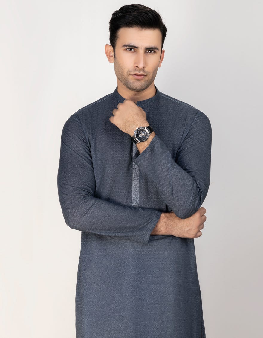 Greyish Blue Cotton Men's Kurta | Jjk-S-37712