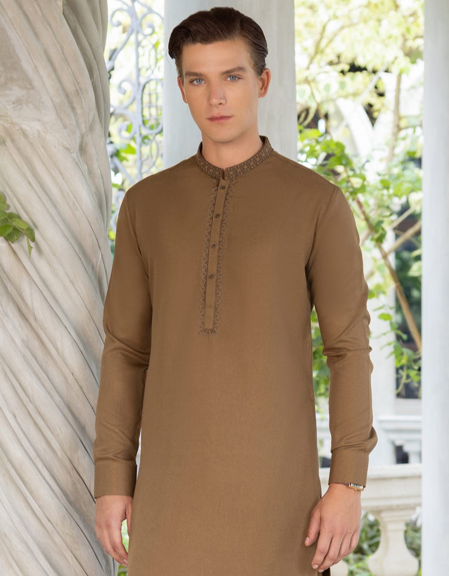 Golden Brown Blended Men's Kameez Shalwar | Jjks-S-37718