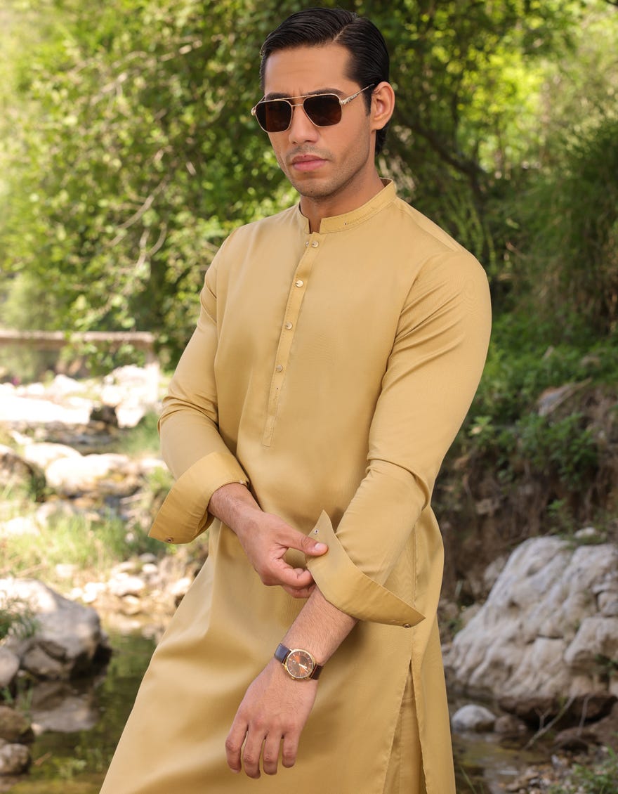 Dull Gold Cotton Men's Kameez Shalwar | Jjks-S-37723