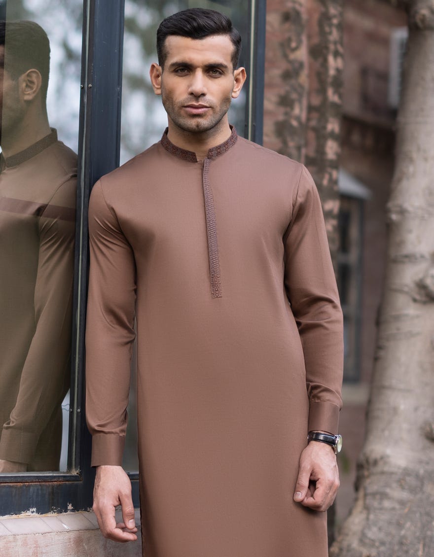 Brown Cotton Men's Kameez Shalwar | Jjks-S-37726