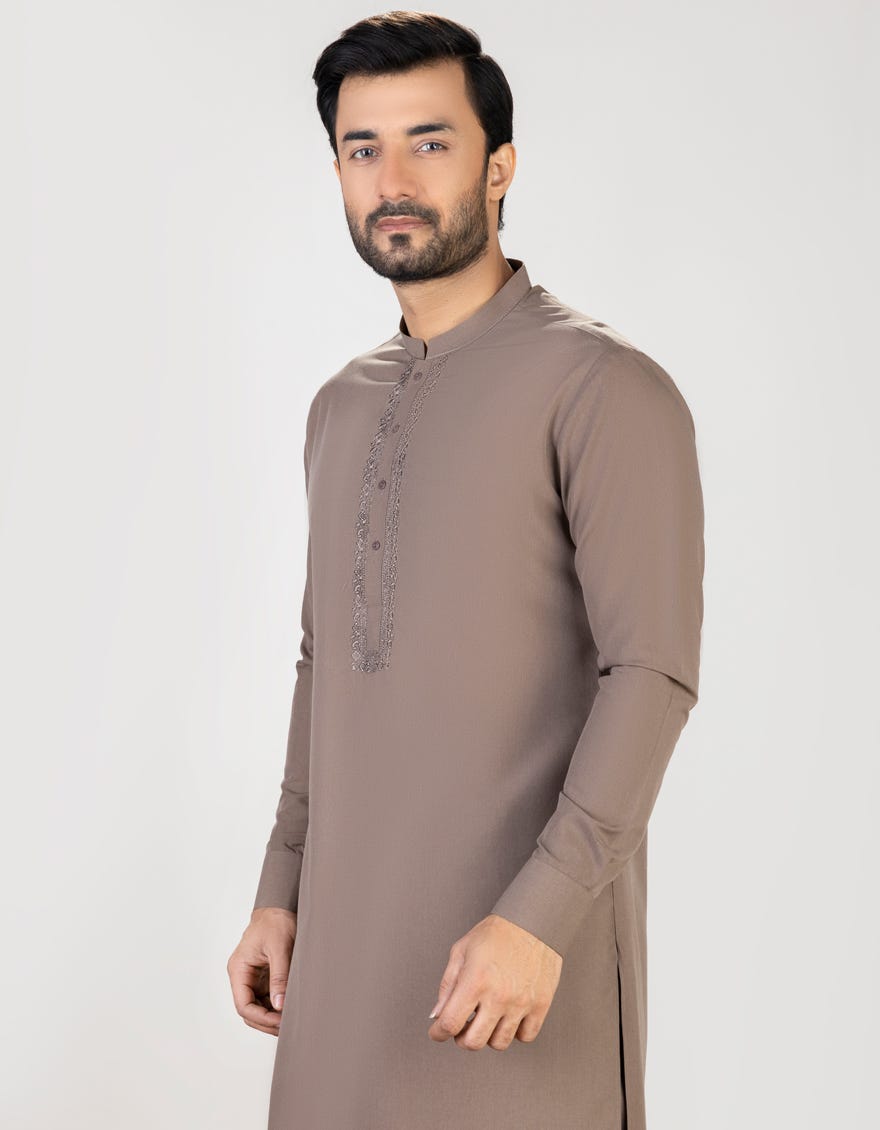 Coffee Brown Blended Men's Kameez Shalwar | Jjks-S-37728